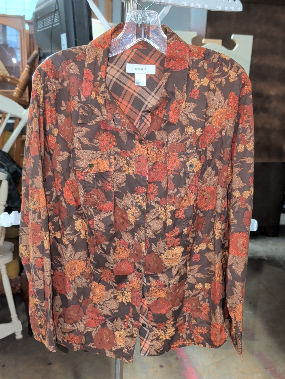 Cj Banks Brown Floral Button-Down Shirt with Red & Orange Blooms